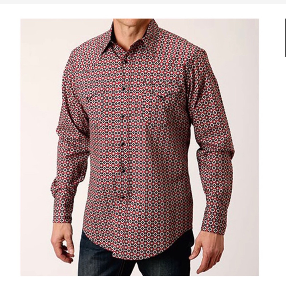 HP- Roper Men's Red and Black Diamond Black Snaps Pearl Front-Sleeve Dress Shirt